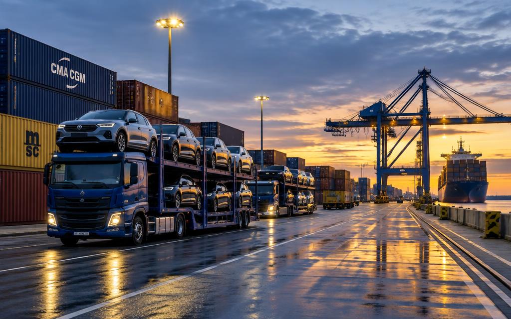 Autotransporter in einem Logistikterminal bei Dämmerung